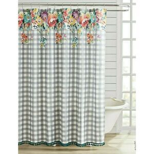 Pioneer Woman Fabric Sweet Romance Shower Curtain Gingham Floral Tassel Fringe